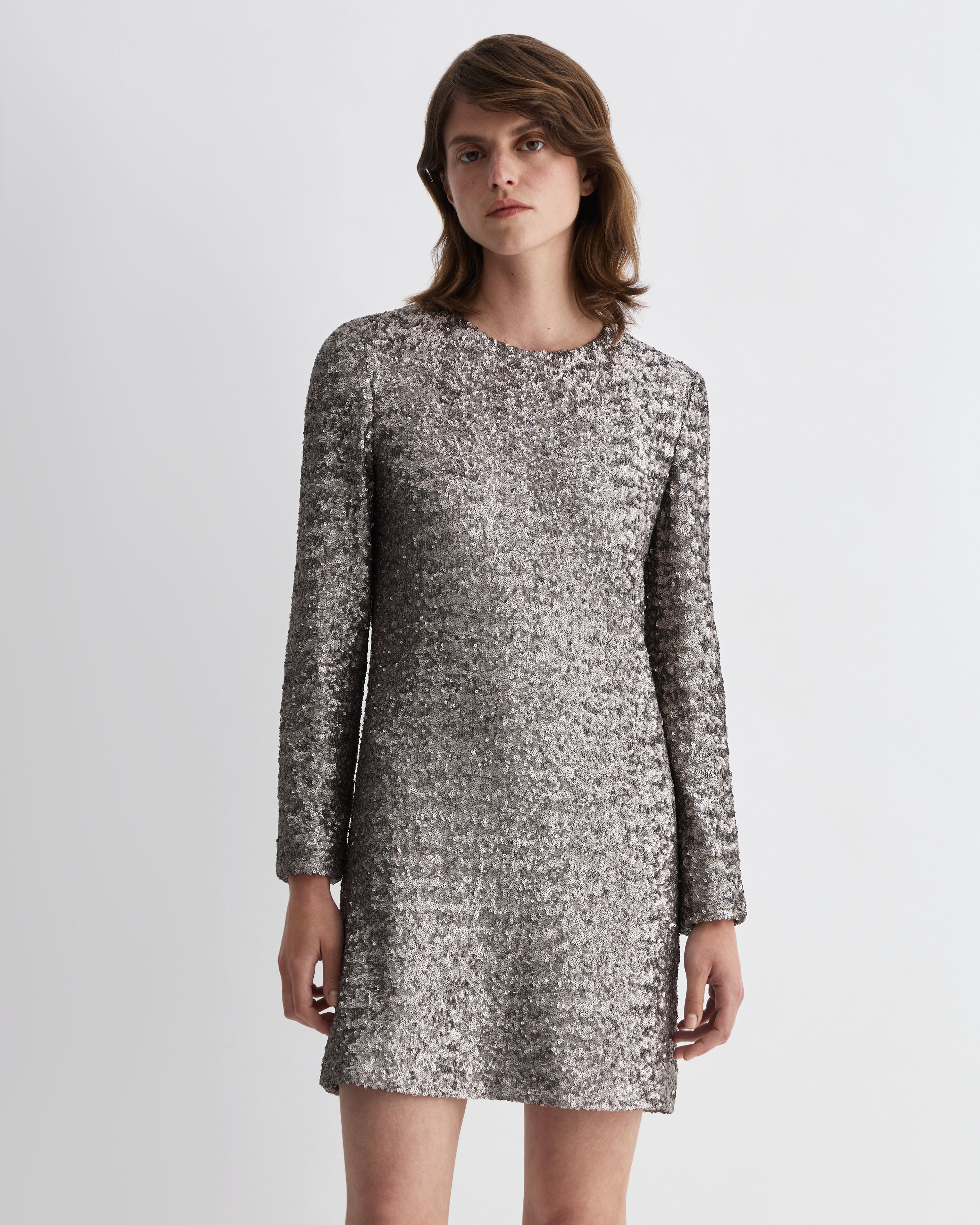 Veronica De Piante Layla Dress in champagne flat sequins, elegant sleeveless dress with shimmering sequin details.