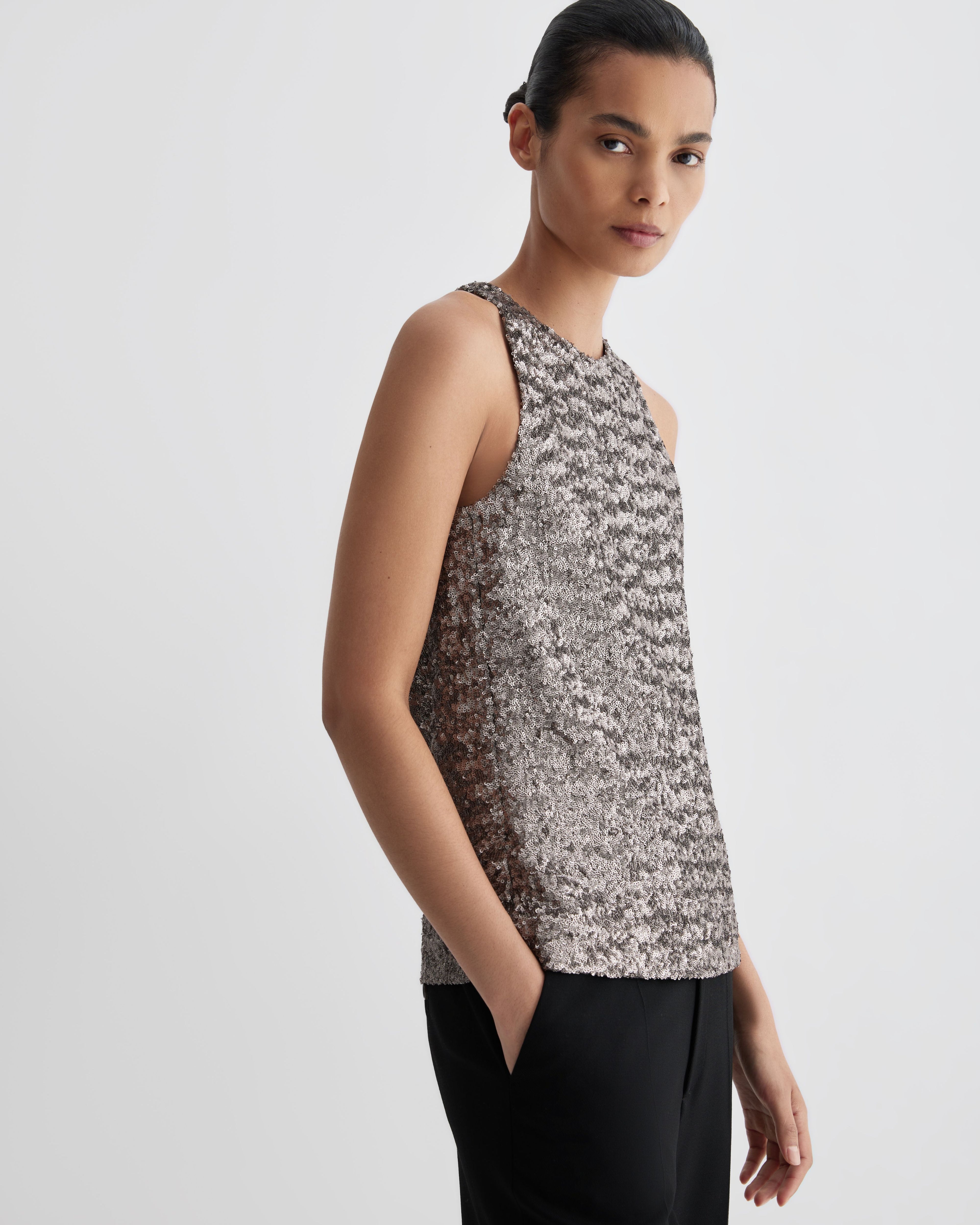 Alizeh Top in Flat Sequins, Champagne - Veronica De Piante