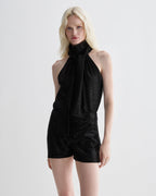 Black Helena Shorts in stretch sequin by Veronica De Piante, featuring a fitted design and shimmering sequin fabric.