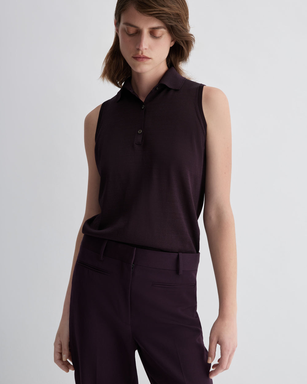Selma Polo Vest in Silk Knit, Deep Plum