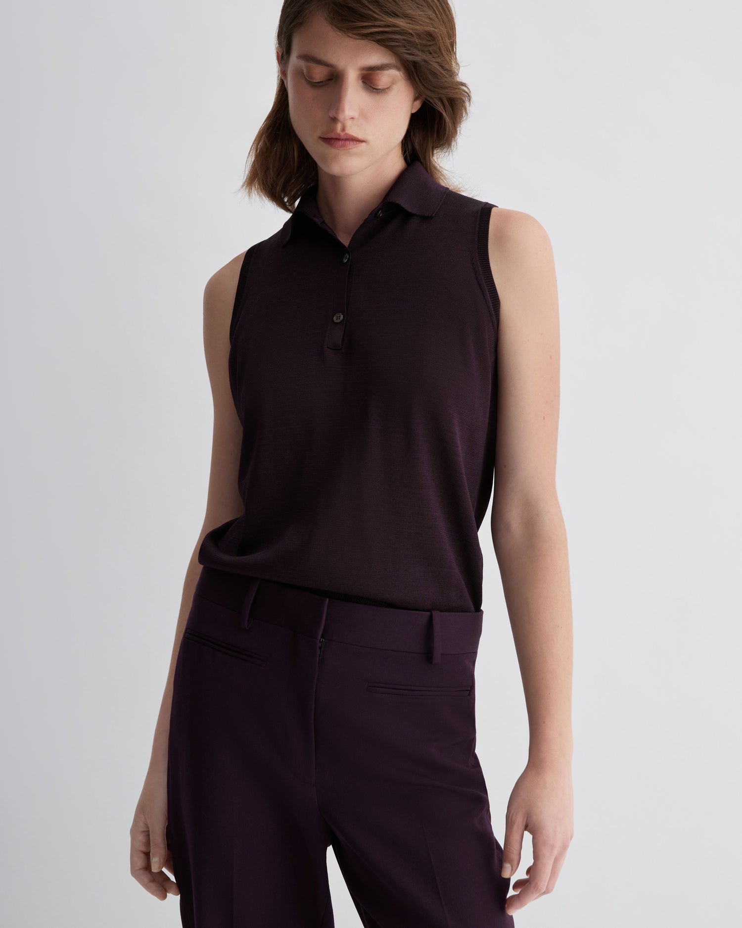 Selma Polo Vest in Silk Knit, Deep Plum
