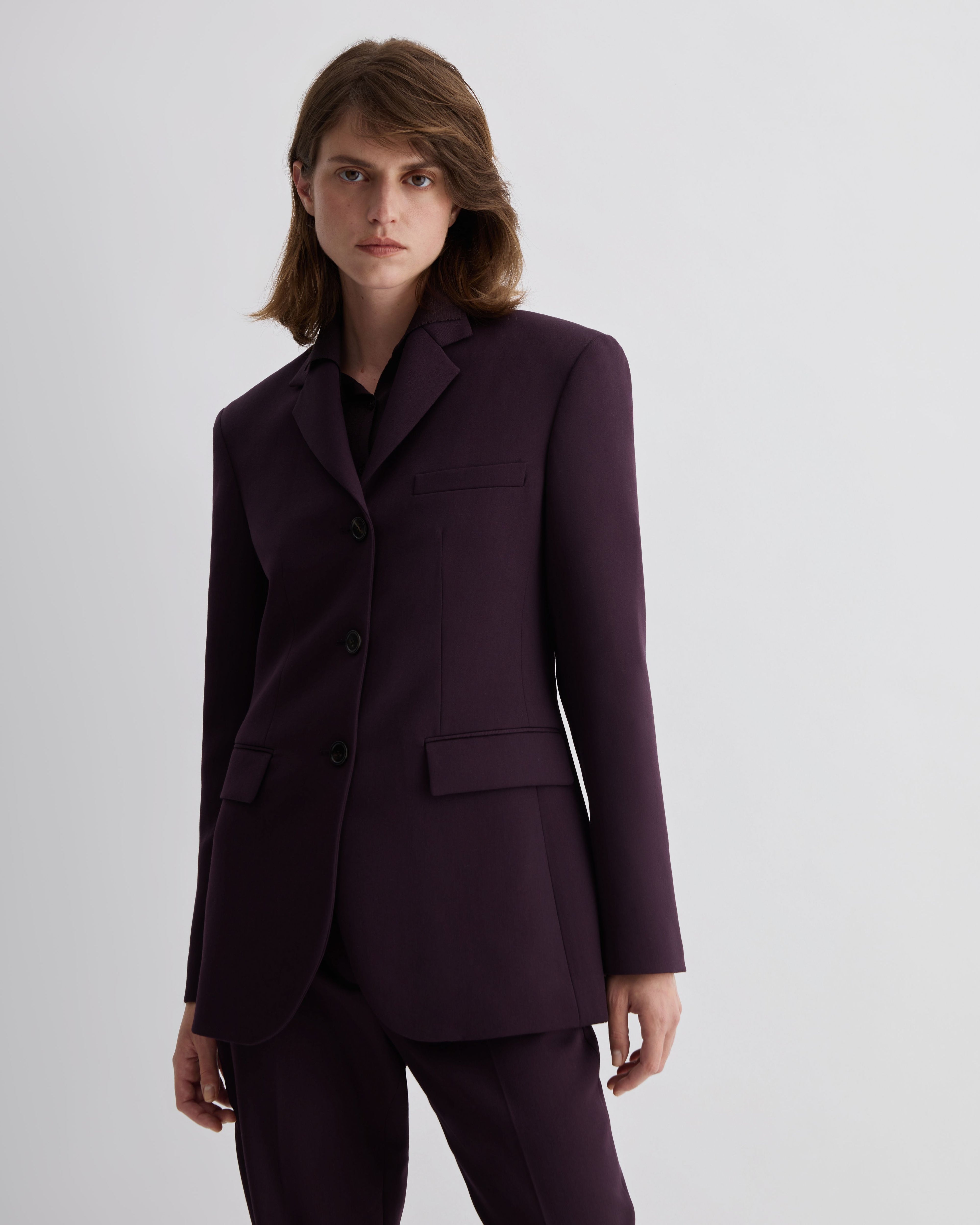 Deep plum wool Fini jacket by Veronica De Piante, featuring a tailored fit and classic coat design.