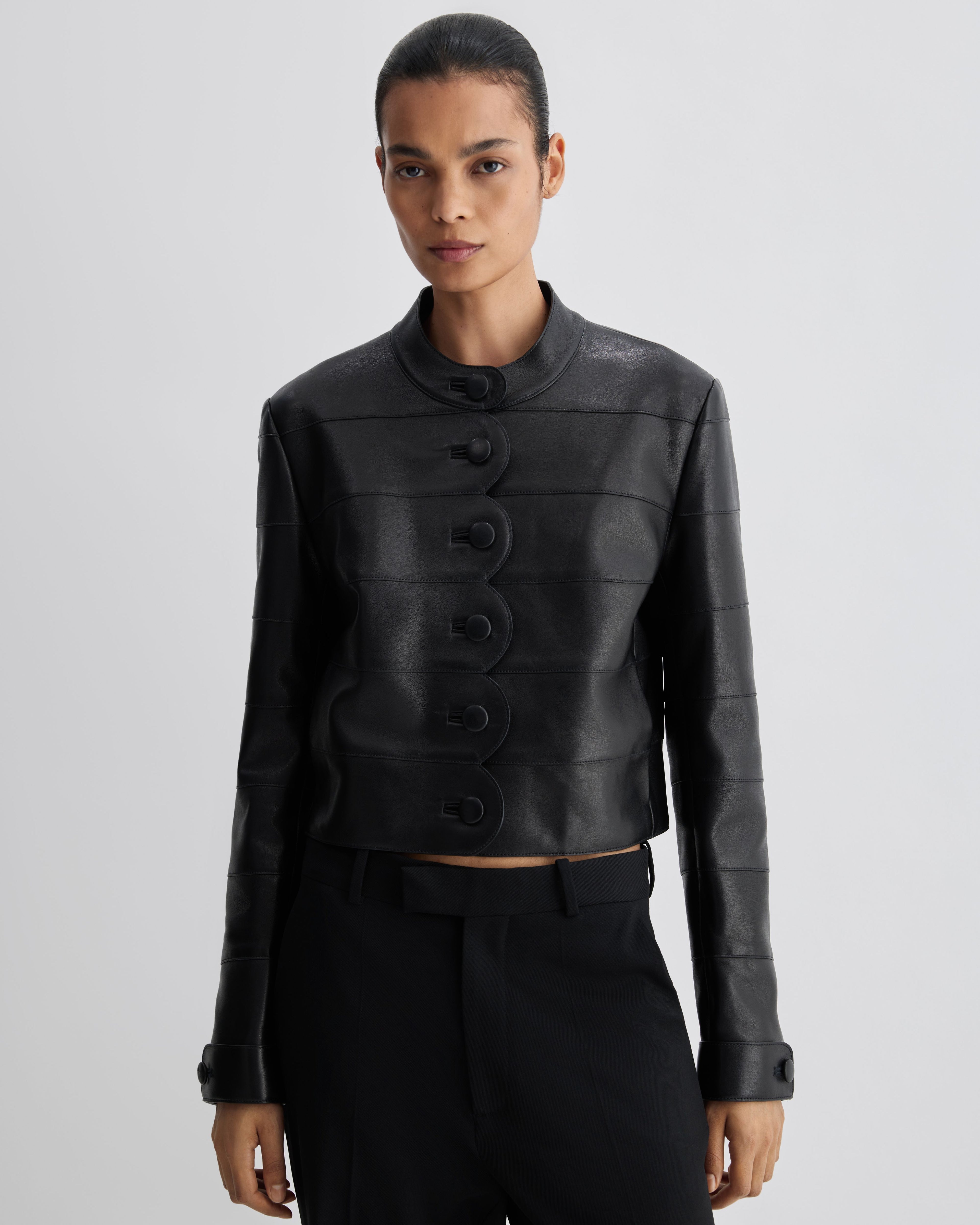 Veronica De Piante Rory Black Nappa Leather Jacket, stylish coat with sleek design and smooth leather finish.