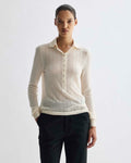 Cream Luna Cashmere Polo Neck Sweater, semi-sheer openwork stitch, mother-of-pearl buttons, ribbed cuffs & hem, women's knitwear