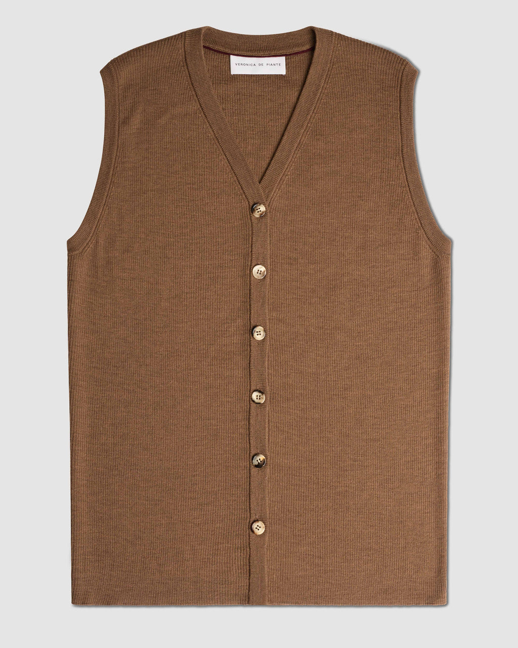 Veronica De Piante Alice Merino Wool Vest in Camel, stylish knitwear with a cozy, fitted design and ribbed details.