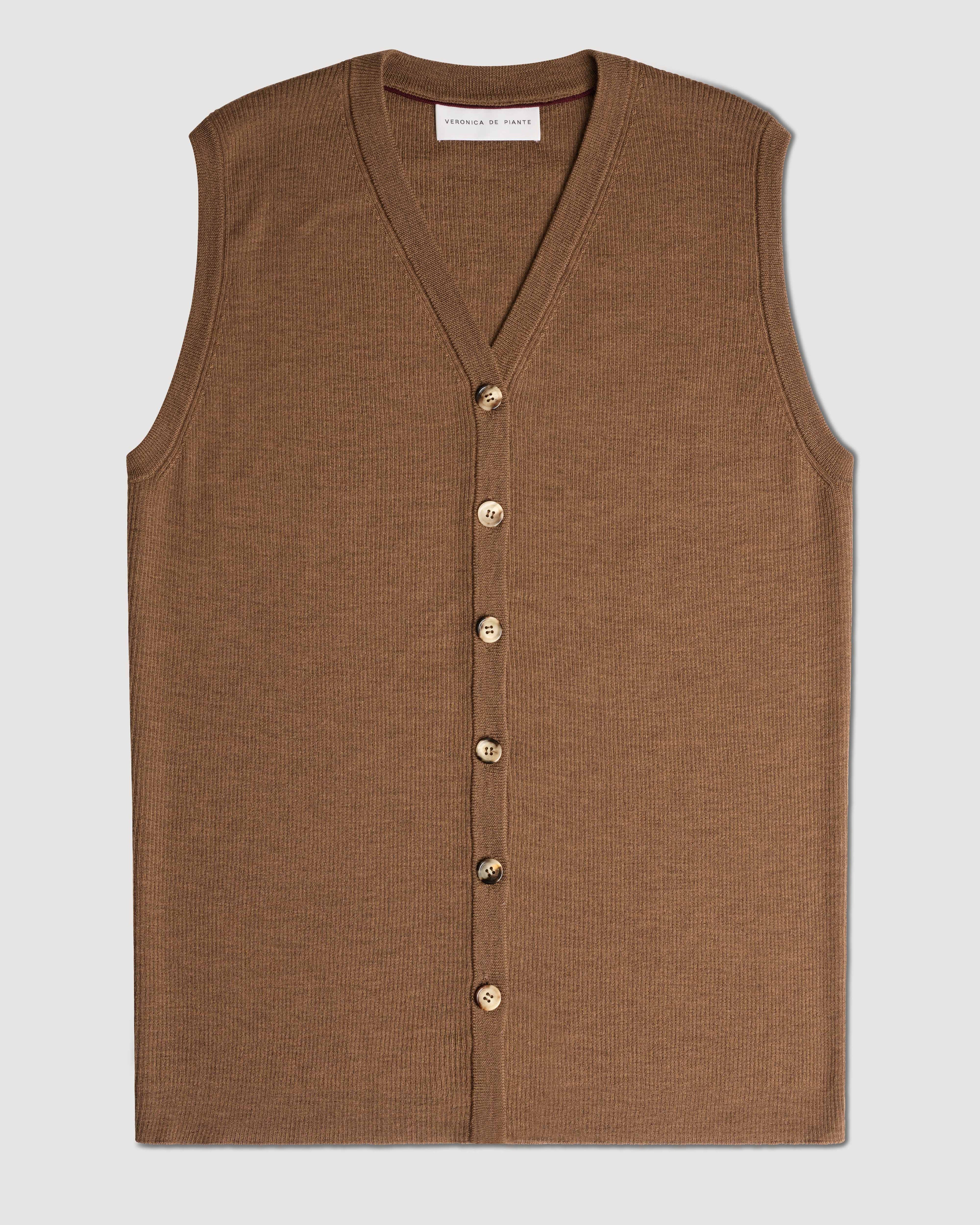 Veronica De Piante Alice Merino Wool Vest in Camel, stylish knitwear with a cozy, fitted design and ribbed details.