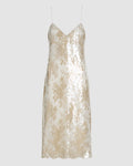 Gold lace sequins Aya dress by Veronica De Piante featuring intricate detailing and a fitted silhouette.