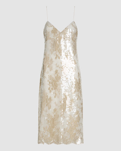 Gold lace sequins Aya dress by Veronica De Piante featuring intricate detailing and a fitted silhouette.