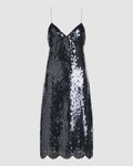 Black lace and sequin Aya dress by Veronica De Piante, featuring intricate detailing and elegant design for formal occasions.