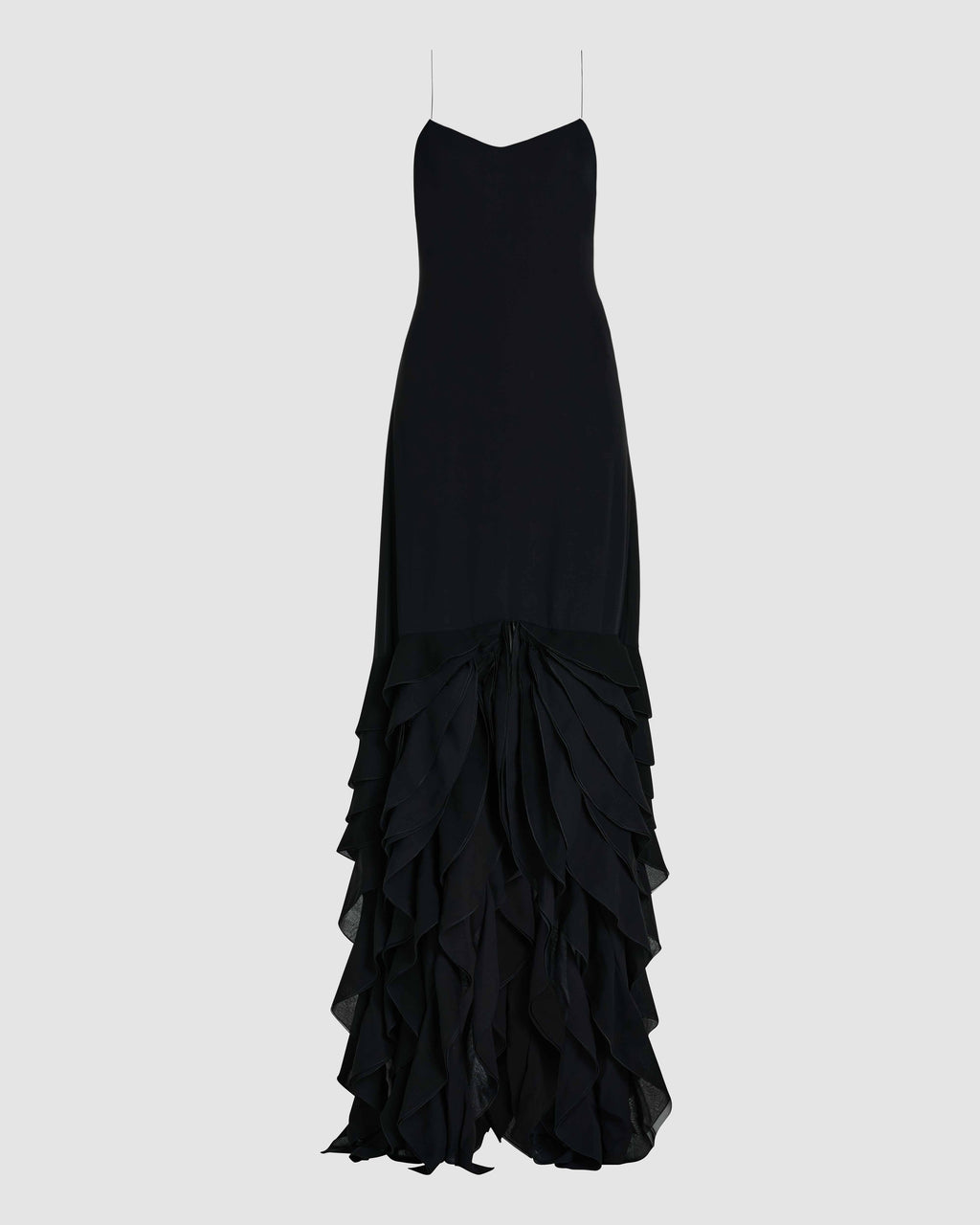 Black Calista dress in georgette fabric by Veronica De Piante, featuring a flowing silhouette and elegant design.