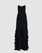 Black Calista dress in georgette fabric by Veronica De Piante, featuring a flowing silhouette and elegant design.