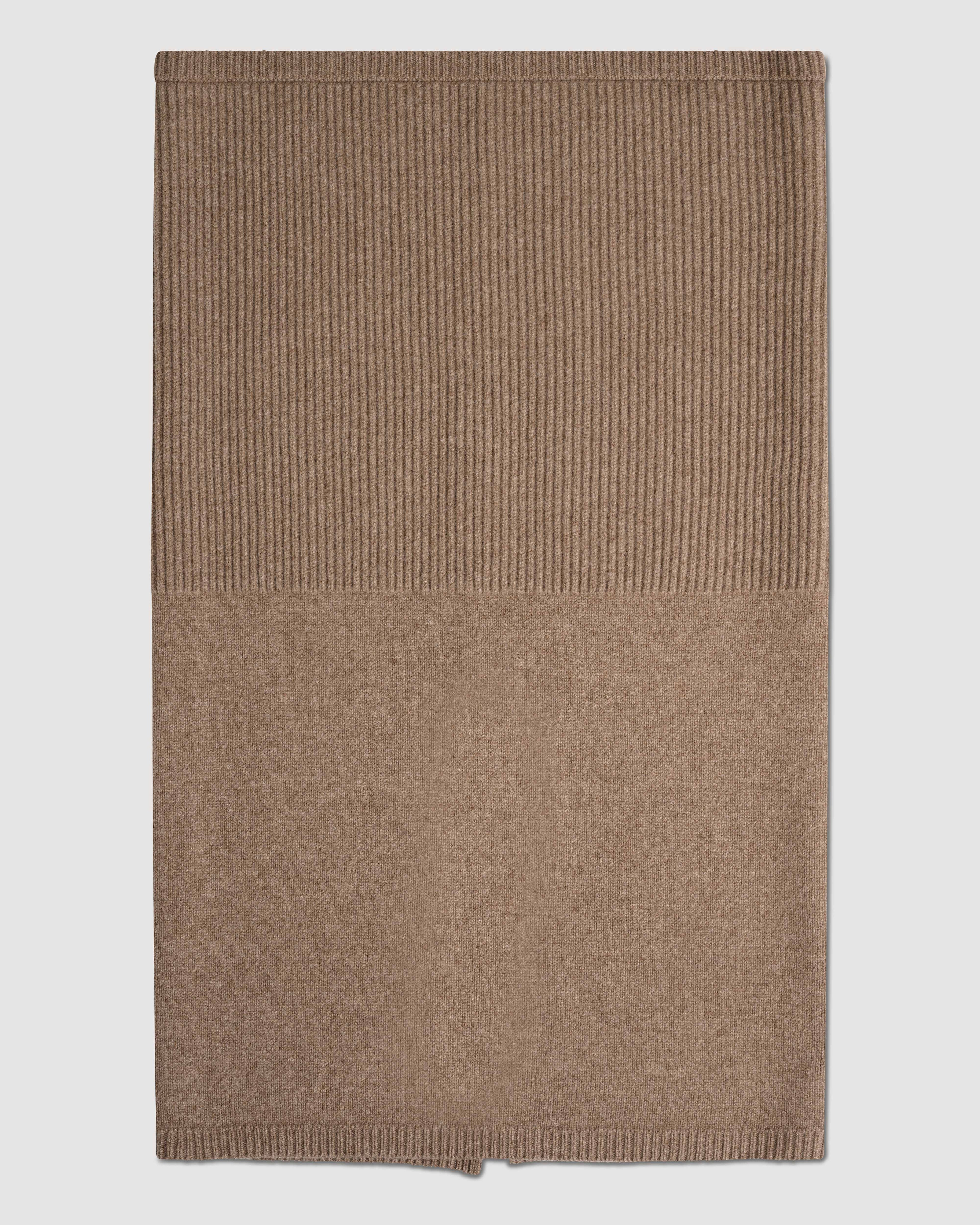 Veronica De Piante Caro Snood in camel wool and cashmere knitwear, soft and cozy for winter wear.