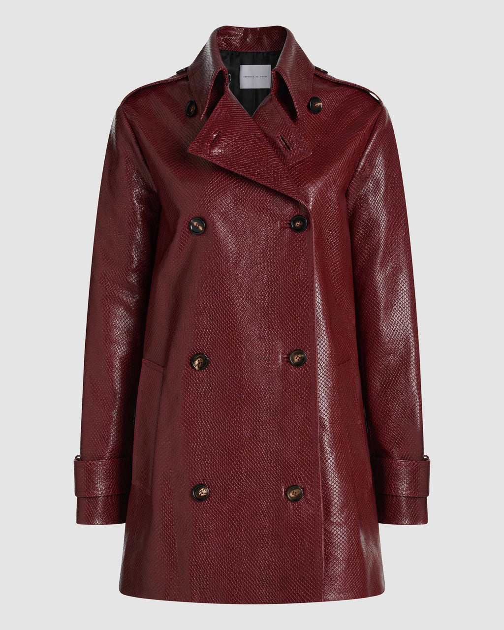 Veronica De Piante Charlotte trench coat in dark red embossed leather, stylish coat with tailored fit and classic design.