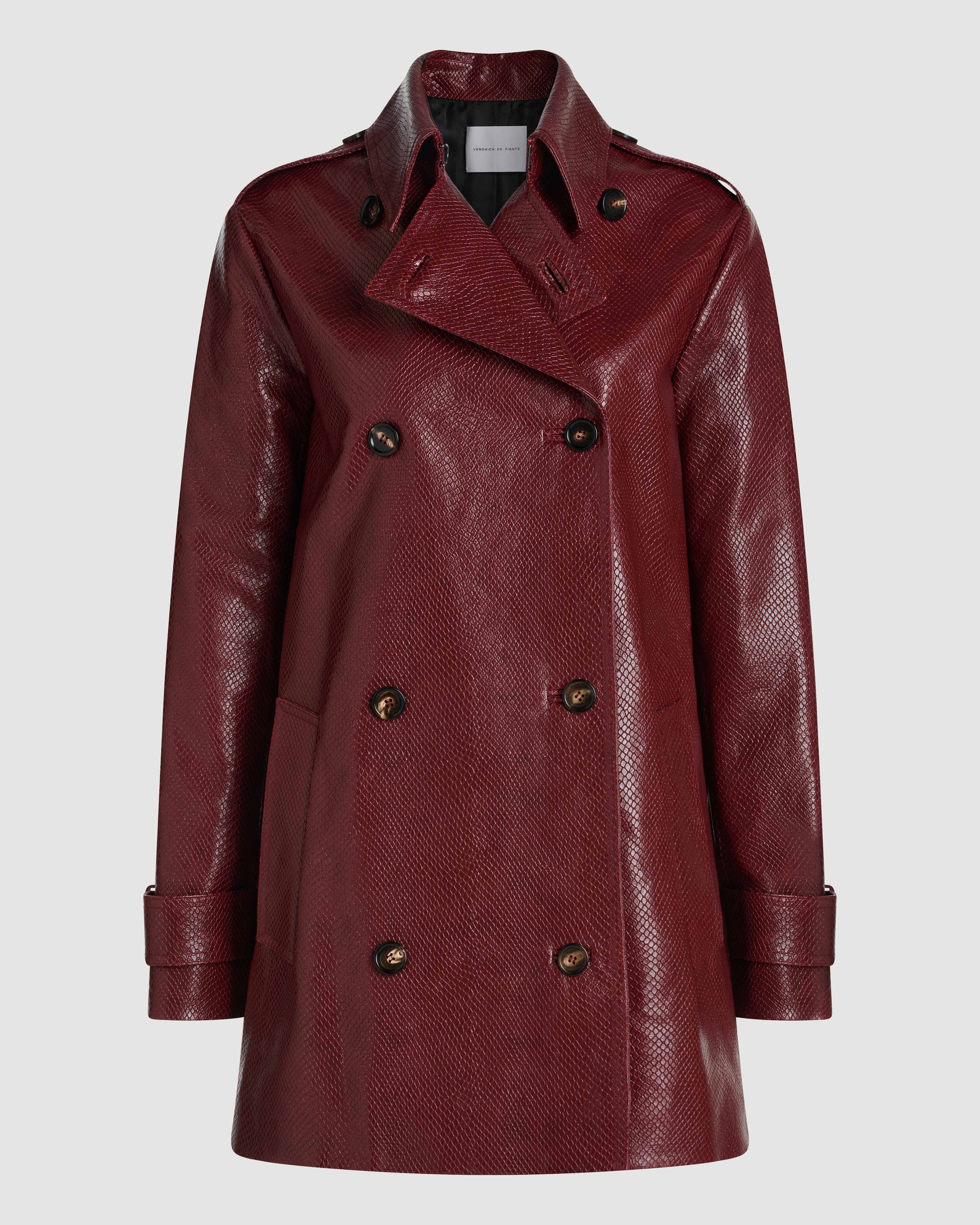 Veronica De Piante Charlotte trench coat in dark red embossed leather, stylish coat with tailored fit and classic design.