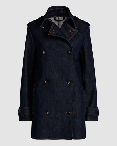 Blue Charlotte denim trench coat by Veronica De Piante, stylish jacket with classic design and button details.