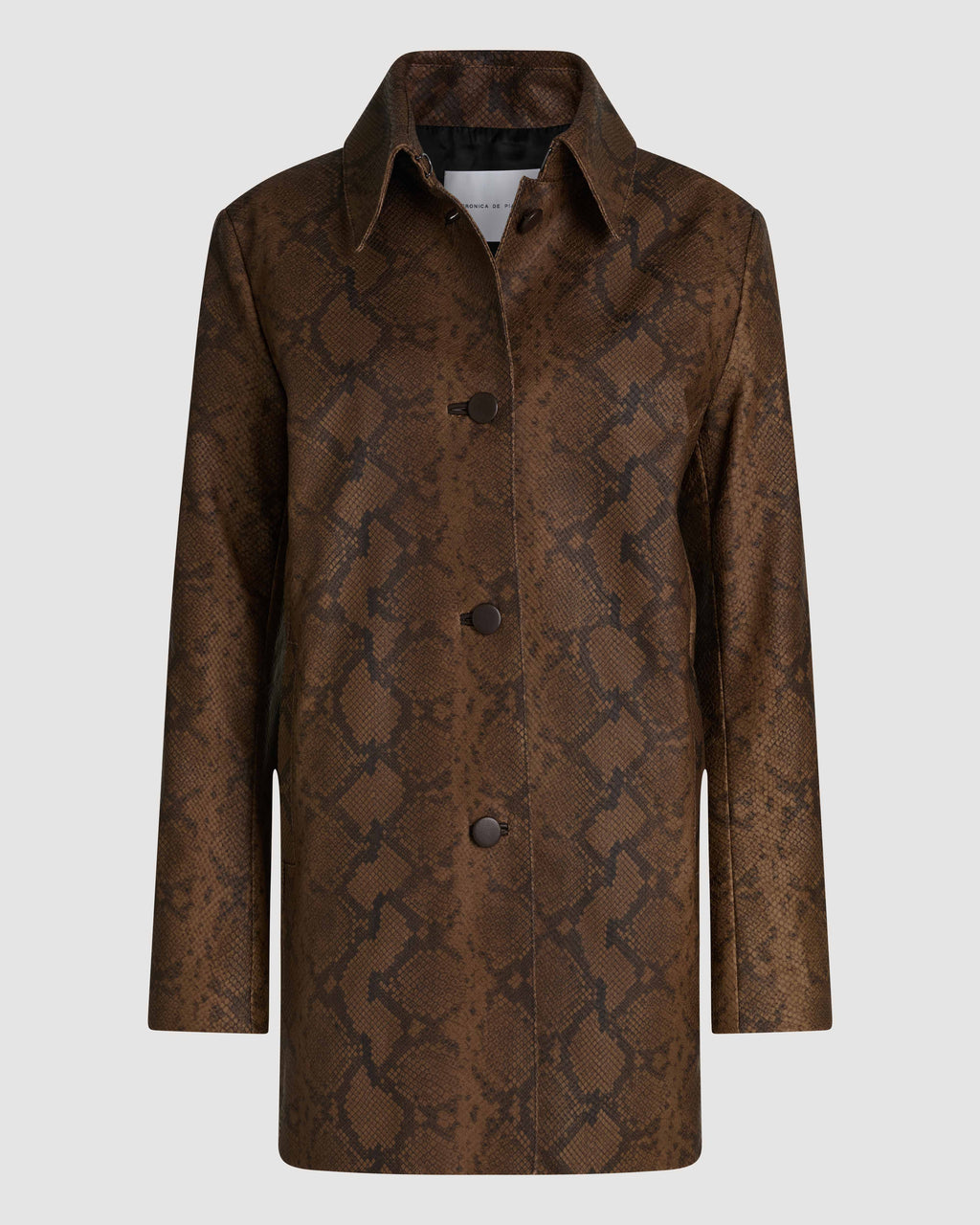 Veronica De Piante Chiara Coat in camel snake print leather, stylish coat with textured pattern and tailored fit.