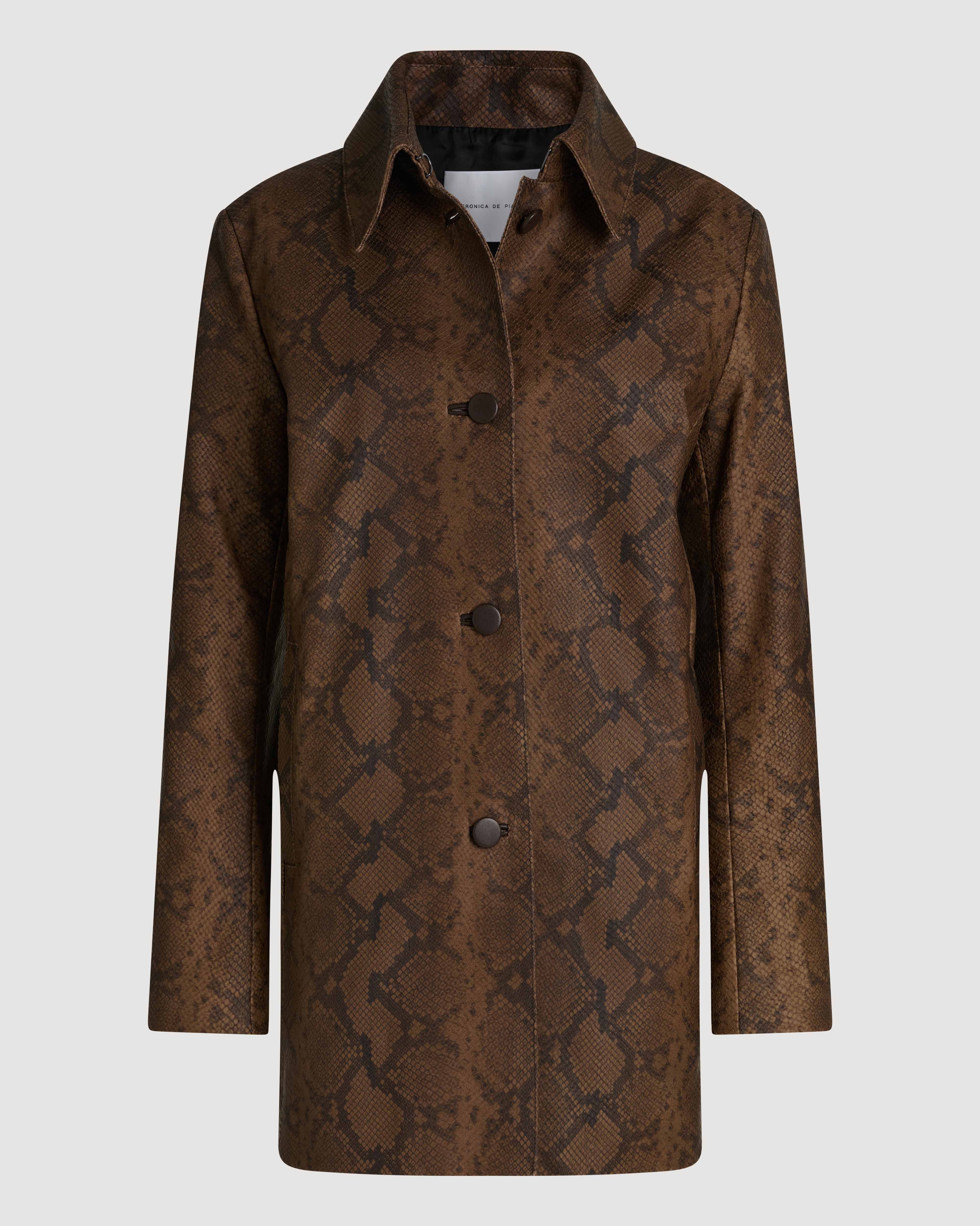 Veronica De Piante Chiara Coat in camel snake print leather, stylish coat with textured pattern and tailored fit.