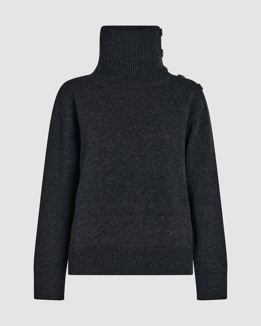 Veronica De Piante Cielo wool cashmere knit sweater in charcoal, shown on a model, highlighting its cozy, stylish design.
