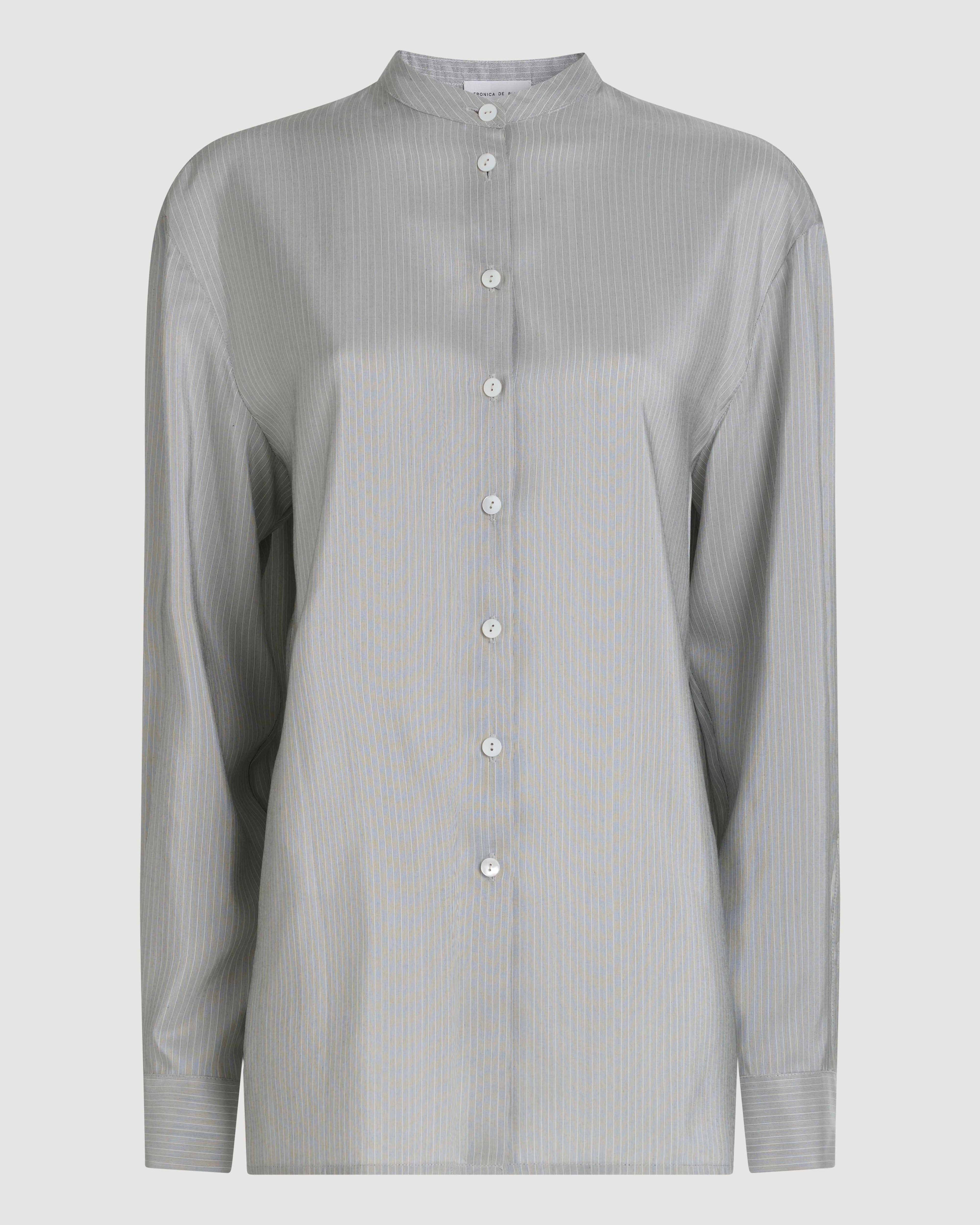 Daisy Shirt in Silk, Grey Pinstripe