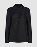 Black Livia shirt in linen by Veronica De Piante, showcasing a stylish, relaxed fit top with a classic collar and button front.