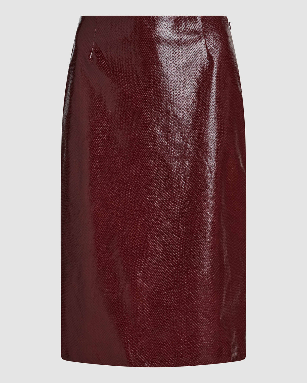 Dark red Noelia leather skirt by Veronica De Piante, embossed textured design, stylish and elegant women's skirt.