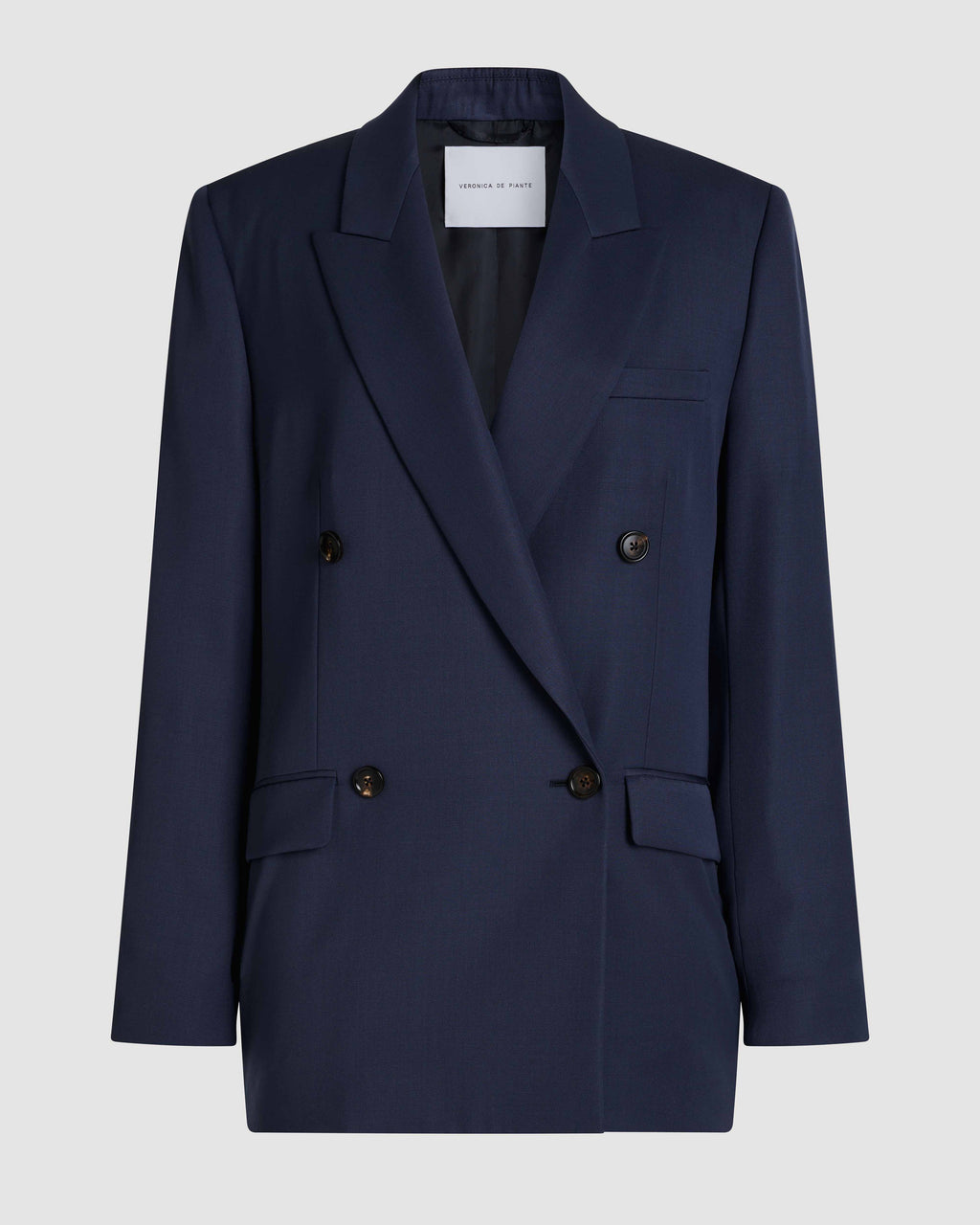 Veronica De Piante Roman double-breasted wool jacket in petrol blue, stylish coat with classic lapel and button details.