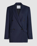 Veronica De Piante Roman double-breasted wool jacket in petrol blue, stylish coat with classic lapel and button details.