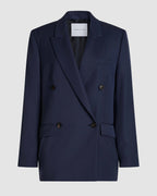Veronica De Piante Roman double-breasted wool jacket in petrol blue, stylish coat with classic lapel and button details.