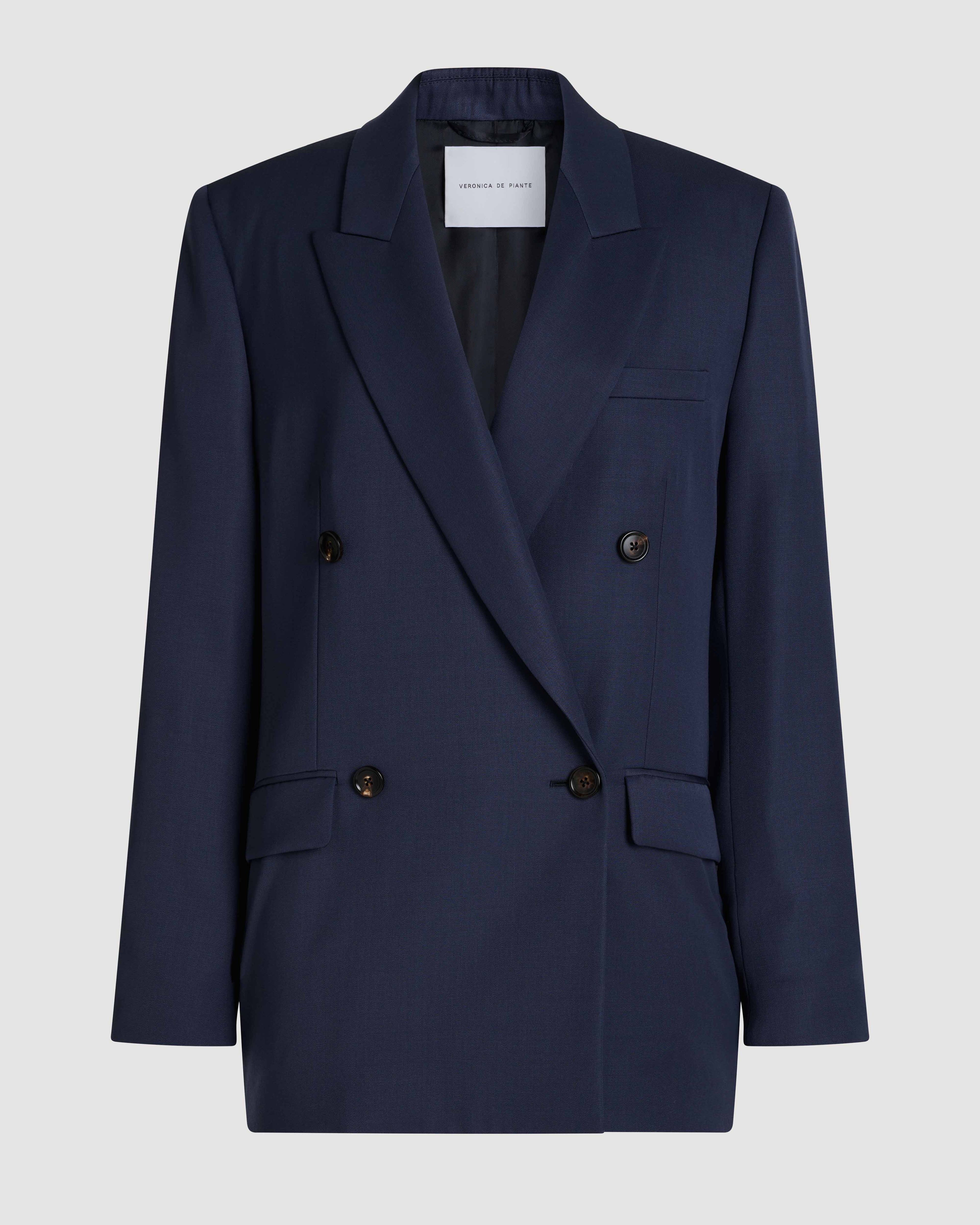 Veronica De Piante Roman double-breasted wool jacket in petrol blue, stylish coat with classic lapel and button details.