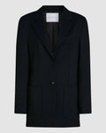Black Sebastian jacket in stretch wool twill by Veronica De Piante, shown on a mannequin, featuring a tailored fit and classic design.