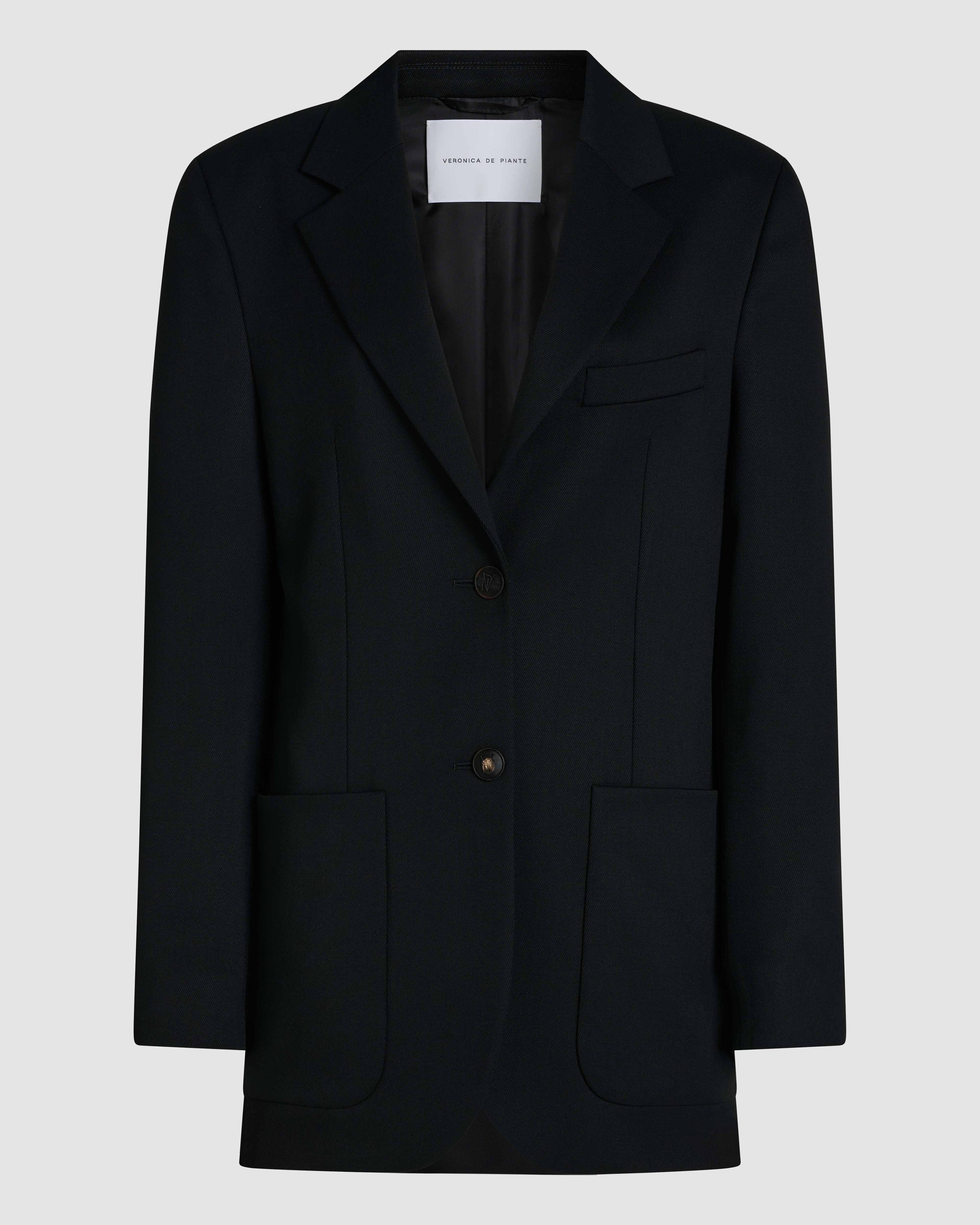 Black Sebastian jacket in stretch wool twill by Veronica De Piante, shown on a mannequin, featuring a tailored fit and classic design.