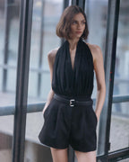 Tilly Black Grain de Poudre Wool high-waisted pleated shorts, tailored with side pockets