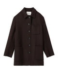 Chocolate brown Amaia Jacket in double cashmere packshot. Relaxed slouchy worker style with rounded patch pockets, curved hem