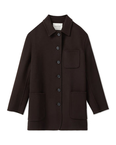 Chocolate brown Amaia Jacket in double cashmere packshot. Relaxed slouchy worker style with rounded patch pockets, curved hem
