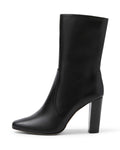 Black Gaia Italian smooth calfskin heeled ankle boots packshot. Rounded toe, dark wooden block heel