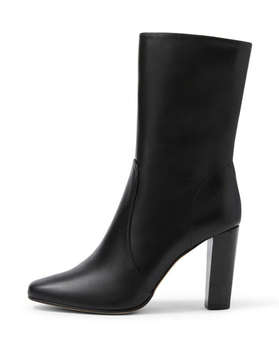 Black Gaia Italian smooth calfskin heeled ankle boots packshot. Rounded toe, dark wooden block heel