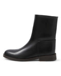 Margaux black calfskin leather ankle boots packshot with a rounded toe and dark wooden block heel, crafted in Italy