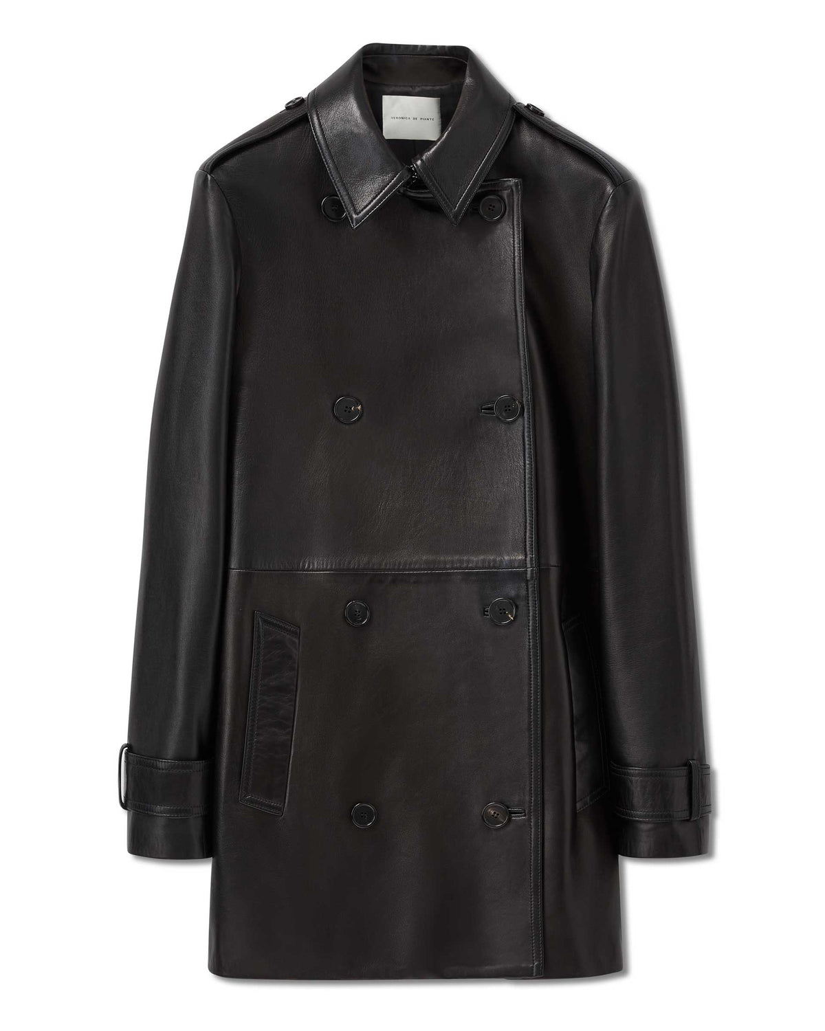 Black leather double-breasted trench coat with notched lapels, shoulder epaulets, and belted cuffs Luxury women's designer coat packshot