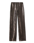 Lexi Trousers packshot: low-waisted wide leg chocolate brown flat sequin bottoms with invisible zipper