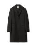 Arlo black wool twill coat packshot. Menswear-inspired luxury long line, strong shoulders, flap pockets