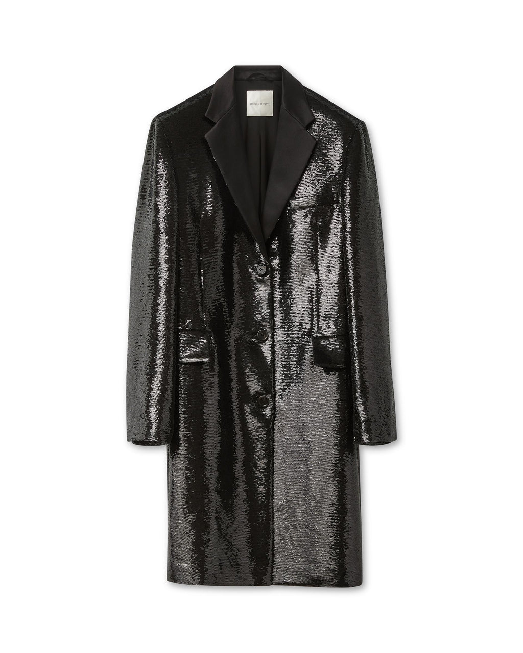 Black Arlo coat with flat sequin detailing, featuring a stylish design perfect for chic outerwear.