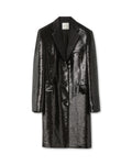 Arlo Black Flat Sequin Coat packshot. Menswear inspired long jacket, strong shoulders, silk lapel