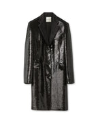 Black Arlo coat with flat sequin detailing, featuring a stylish design perfect for chic outerwear.
