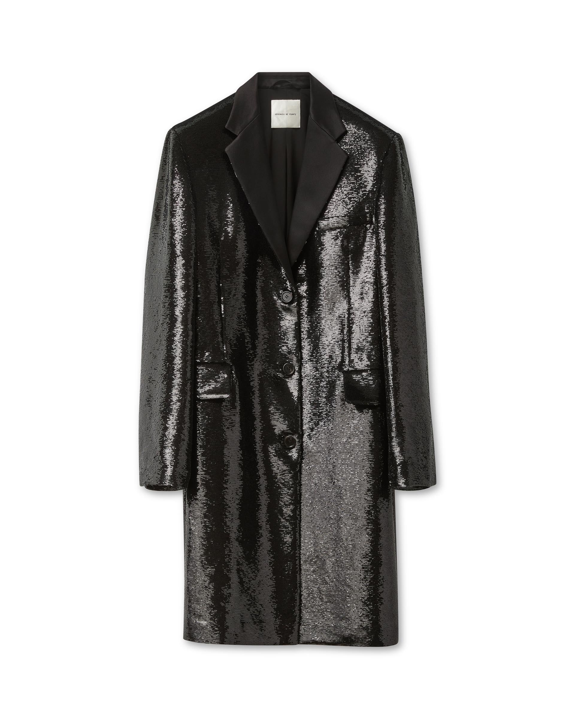 Black Arlo coat with flat sequin detailing, featuring a stylish design perfect for chic outerwear.