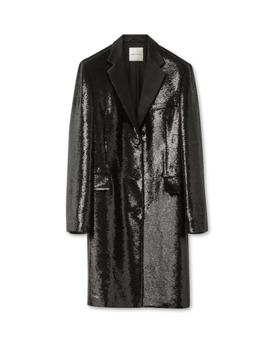 Arlo Black Flat Sequin Coat packshot. Menswear inspired long jacket, strong shoulders, silk lapel