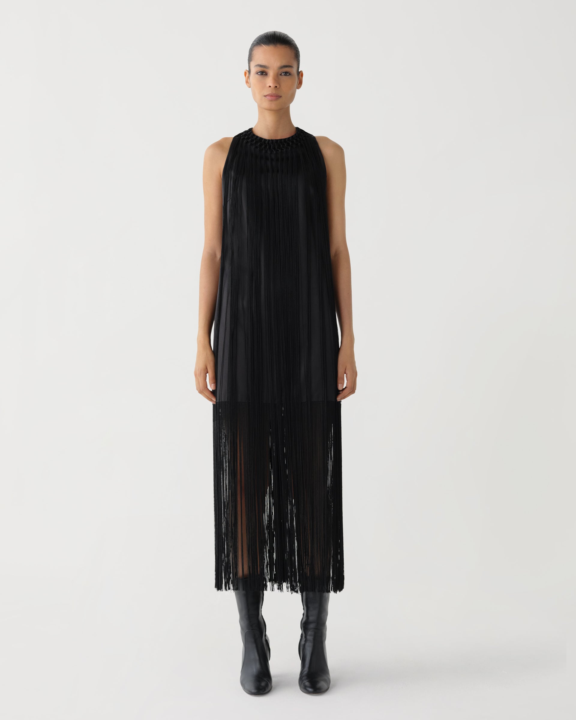 Celeste Fringe Dress in Duchess Silk, Black