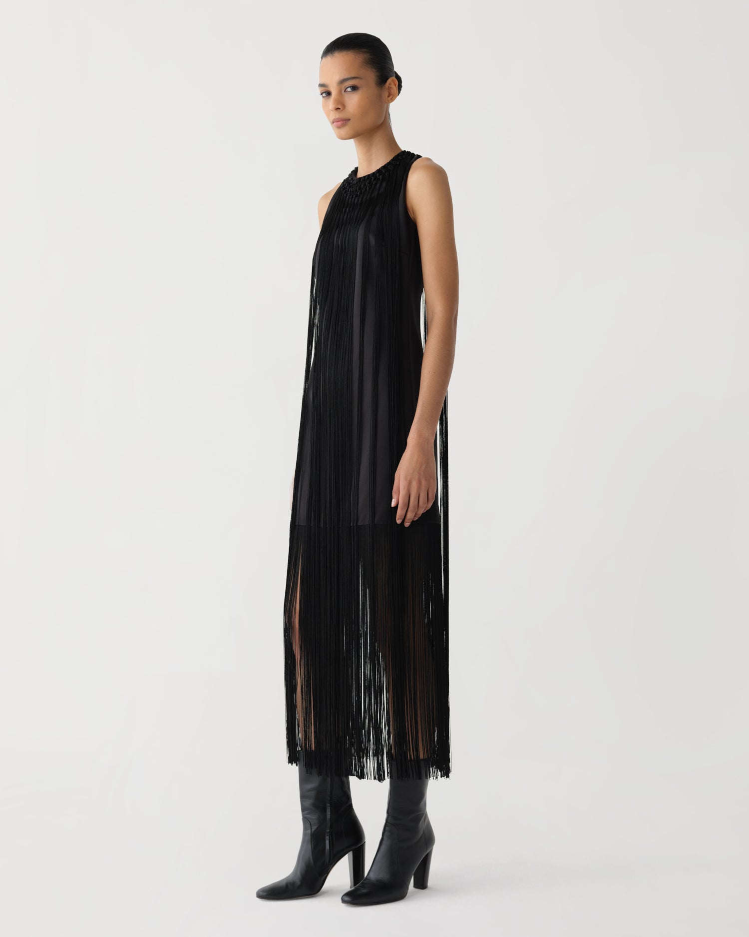 Celeste Fringe Dress in Duchess Silk, Black