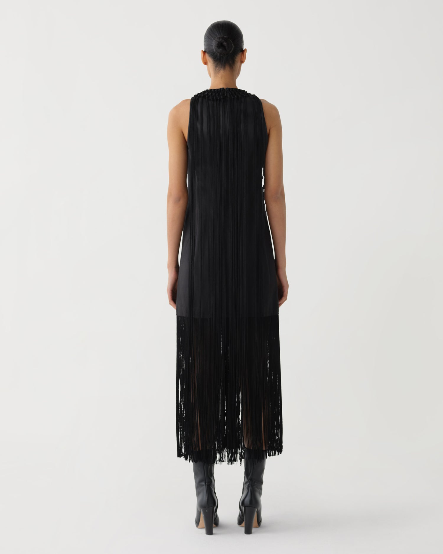 Celeste Fringe Dress in Duchess Silk, Black