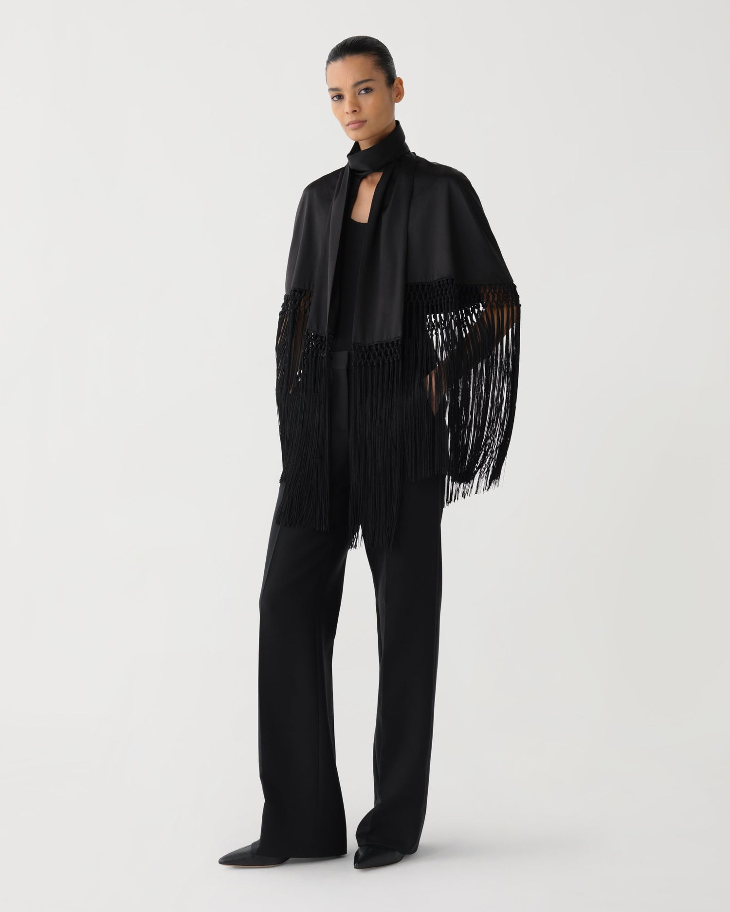 Lydia Fringe Cape in Charmeuse, Black