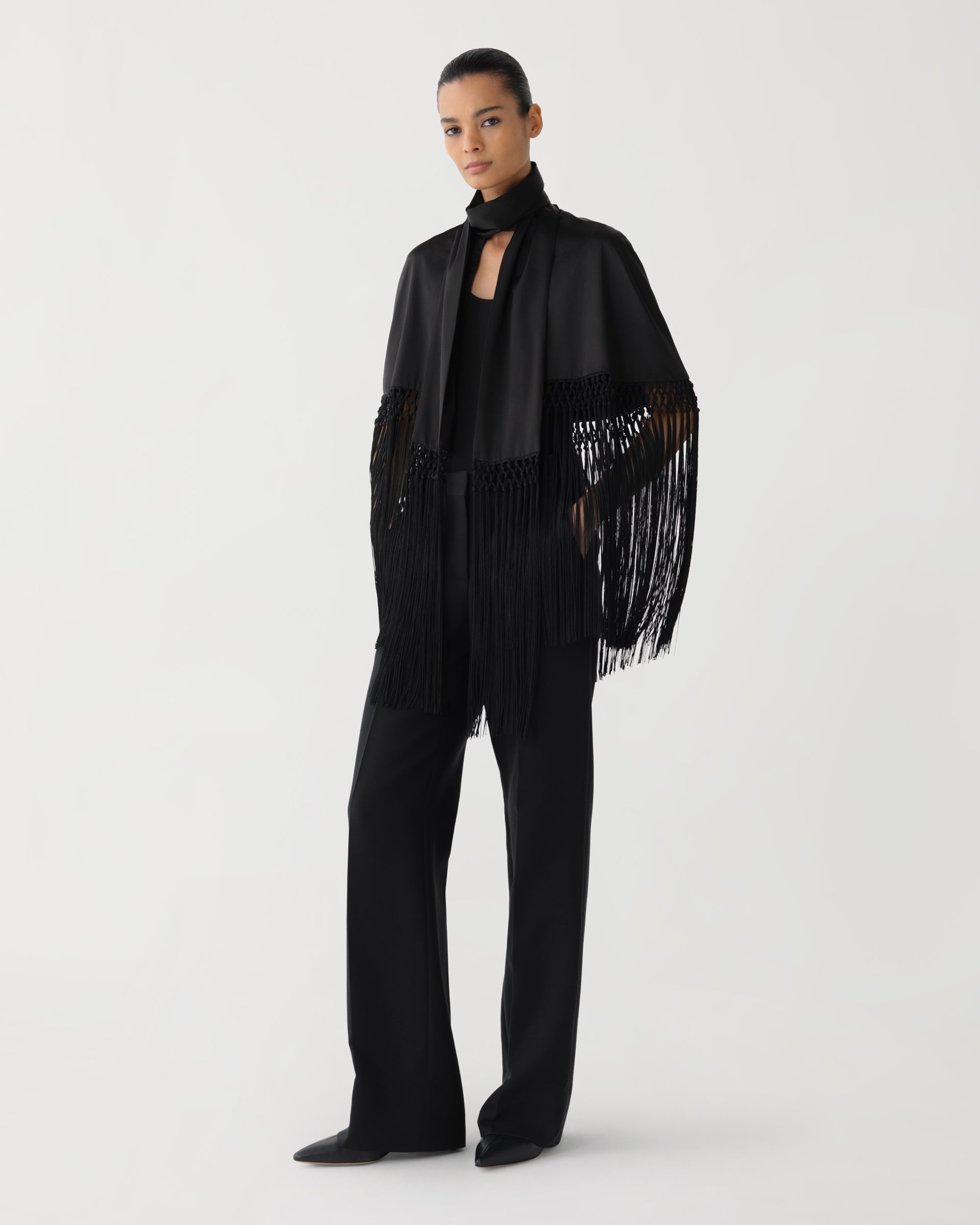 Lydia Fringe Cape in Charmeuse, Black